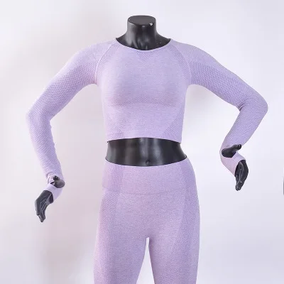 Бесшовный топ для йоги, фитнеса, для женщин, быстросохнущая Спортивная рубашка с длинным рукавом, рубашка для спортзала, Женский сжатый Топ для тренировок с отверстиями для большого пальца - Цвет: Purple