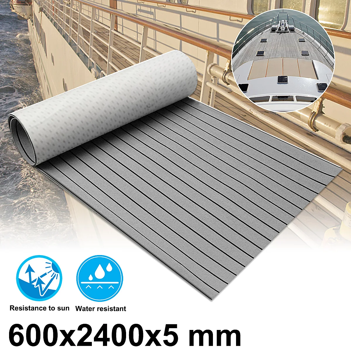 600x2400x5mm Self Adhesive Marine Flooring Faux Teak Grey With Black