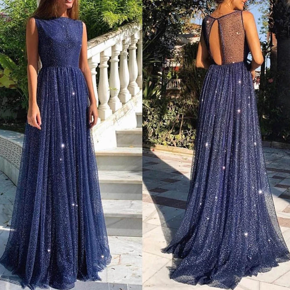 

Blue Bling Mesh Party Dress FemaleSexy High Waist Perspective Sleeveless Patchwork Long Maxi Splice Star Slim Summer Vestidos