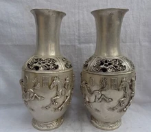 SCY 002712 14 "מסומן סיני בודהיזם הכסף טייגר פסל דרקון סוס סיר אגרטל זוג(China)