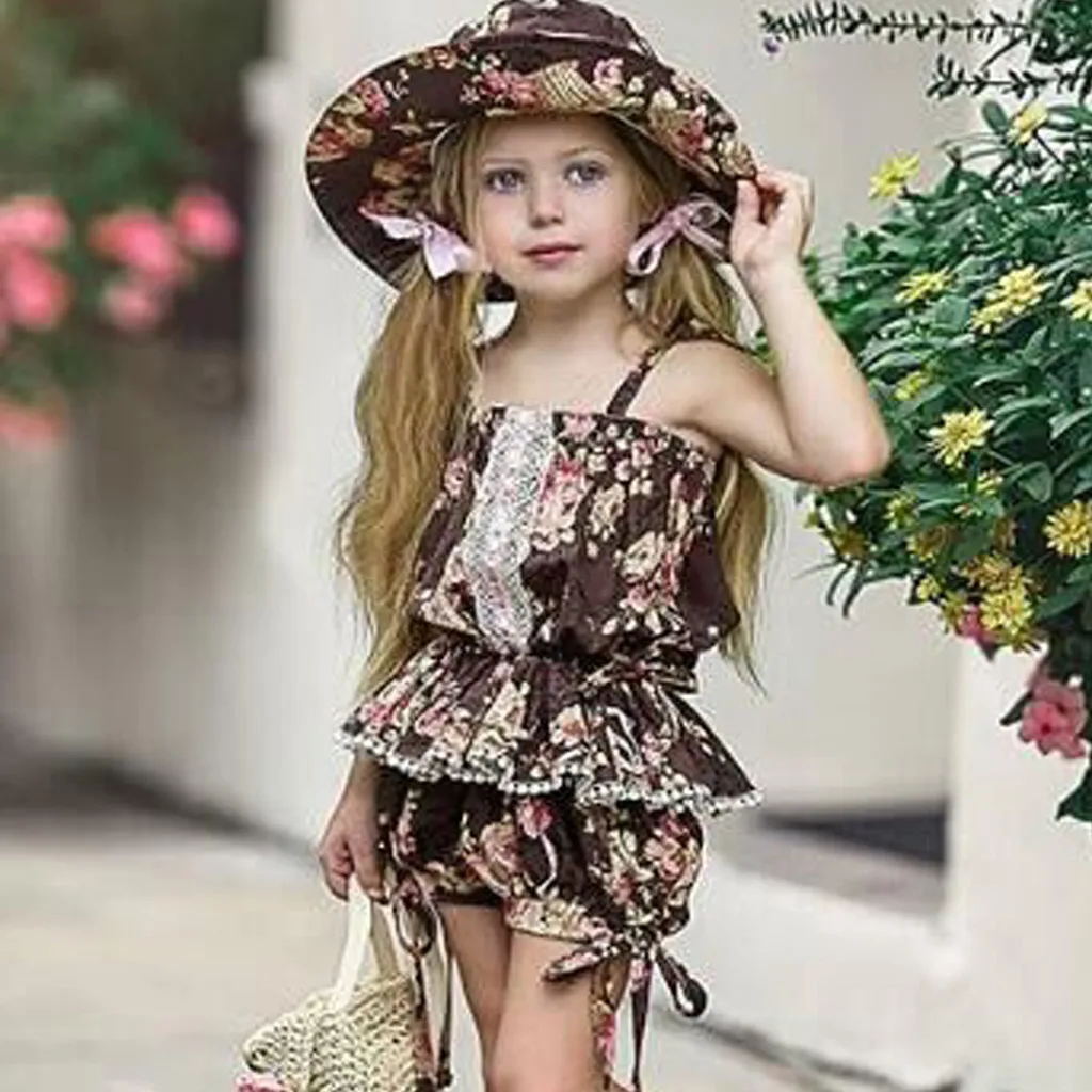 Girls Clothes Kid Baby Child Toddler Kids Girl Floral Print Ruffled Tops Bow Denim Shorts 2PC Outfits |