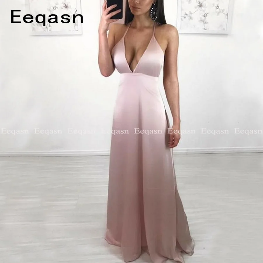 

Simple V Neck A-Line Prom Dresses with Slit Floor Length Cheap Elastic Satin Party Gowns 2019 Elegant Prom Long Dresses