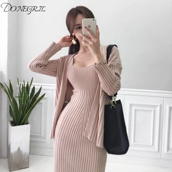 

2019 autumn and winter new ladies knit fashion shirt + sweater slim suspender skirt two-piece