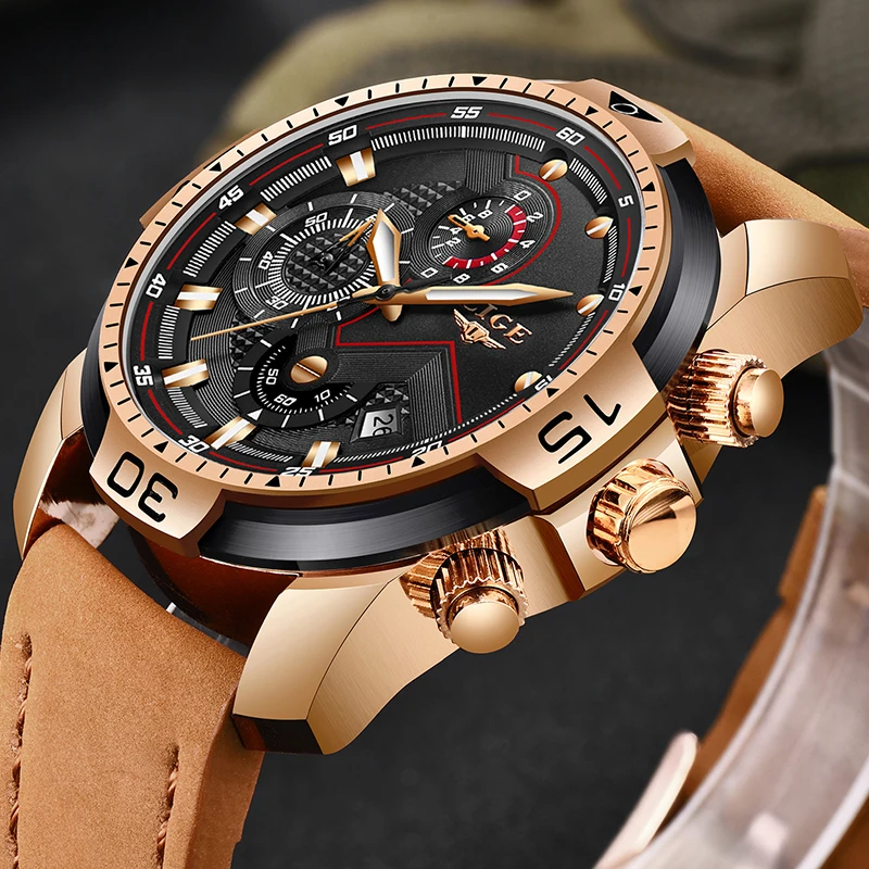 

LIGE Mens Watches Top Brand Luxury Casual Leather Quartz Clock Male Sport Waterproof Watch Gift Gold Watch Men Relogio Masculino