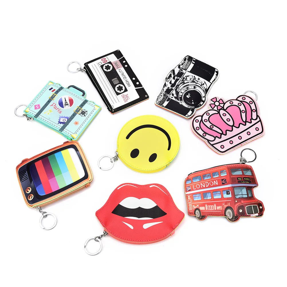 

Smile Crown Creative Cute Cartoon Girls Leather Bus Camera TV Lipstick Zipper Change Wallet Card Holder Coin Purse Key Chain