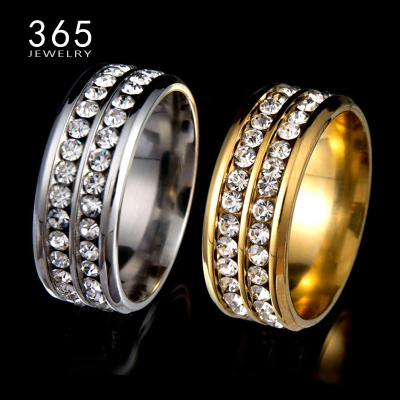 

Hot Stone Jewelry Never Fade Double Rows Crystal Stainless Steel Rings Titanium Rose Gold Rhinestone Wedding Rings for Women Men
