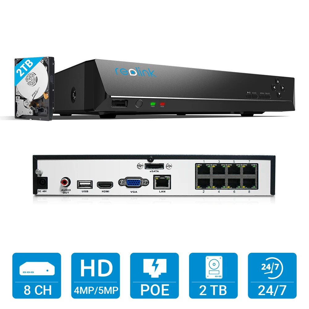 Reolink 8ch 4MP PoE NVR С Видеокамерами 2 Пули и 2 Купола hd 4MP POE IP Камера Уличное Видеонаблюдение Система Камеры 2 ТБ RLK8-410B2D2