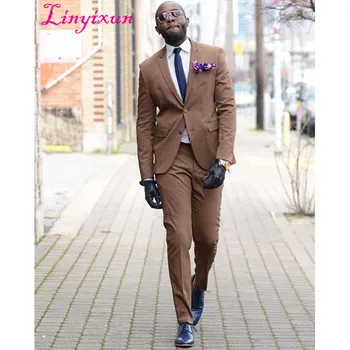 

Linyixun 2017 Latest Brown Groom Tuxedo Slim Fit Wedding Prom Dinner Suits For Men Groomsman Blazer mens suit Terno masculino