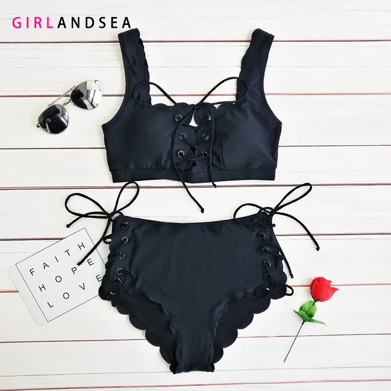 

GIRLANDSEA New 2019 High-waisted Printed Bikini Set Solid Swimsuit