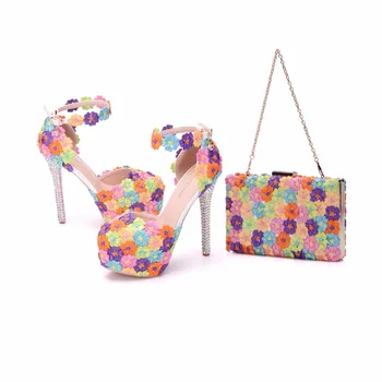 

Crystal Queen Multicolor Flower Shining Womens Sandals Wedding Shoes Matching bags Clutches 14CM High Heels Female Pumps Party