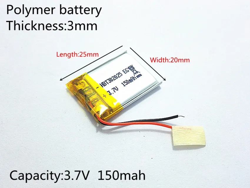 

3.7V,150mAH,[302025] PLIB;polymer lithium ion / Li-ion battery for smart watch,BLUE TOOTH,GPS,mp3,mp4,toy,speaker