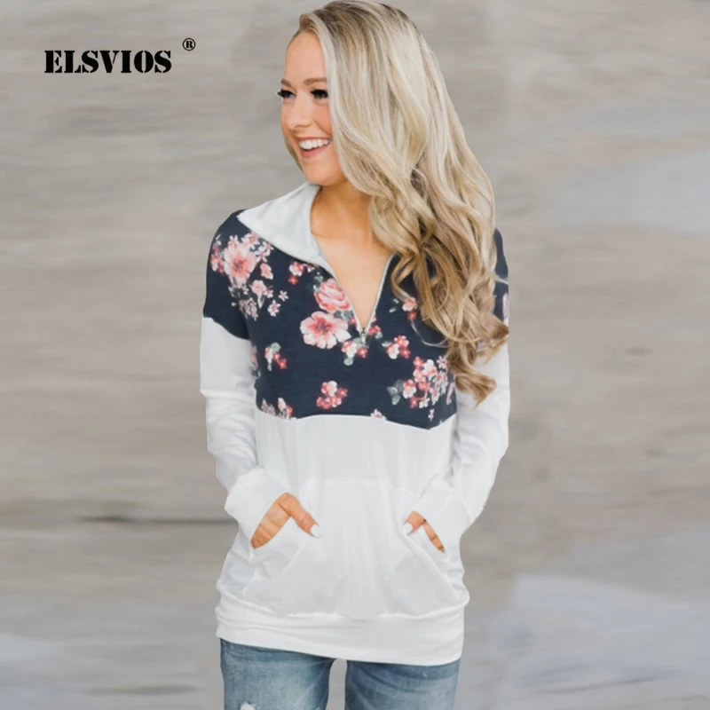 

ELSVIOS Fashion Floral Print Hoodies Women Autumn Winter Turn-down Collar Zipper Sweatshirts Casual Pockets Female Tops Pullover