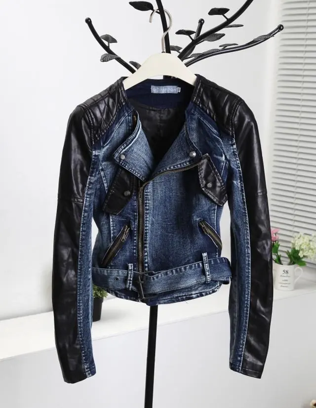 Free Shipping 1269 Lady Cool Denim & Leather patched studded