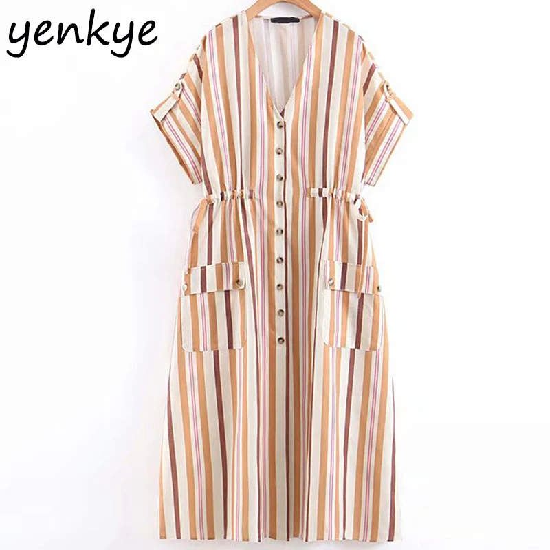 

Summer Dress 2019 Women Vintage Striped Oversize Dress Lady Adjusting Drawstring Waist V Neck Short Sleeve Casual Long Dress