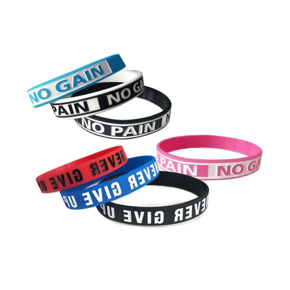 

Free Shipping "Never give up"&"No Pain No Gain"Motivational Bracelets Silicone Rubber Wristbands Inspirational Bracelets Gifts