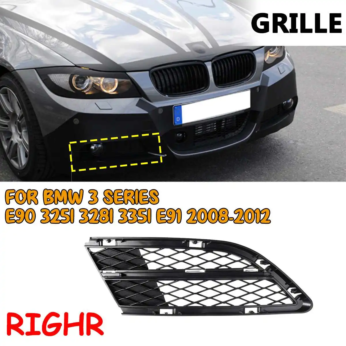 

OEM 51117138418 Right Front Bumper Lower Fog Light Grille Mesh Grill For BMW E90 325i 328i 335i
