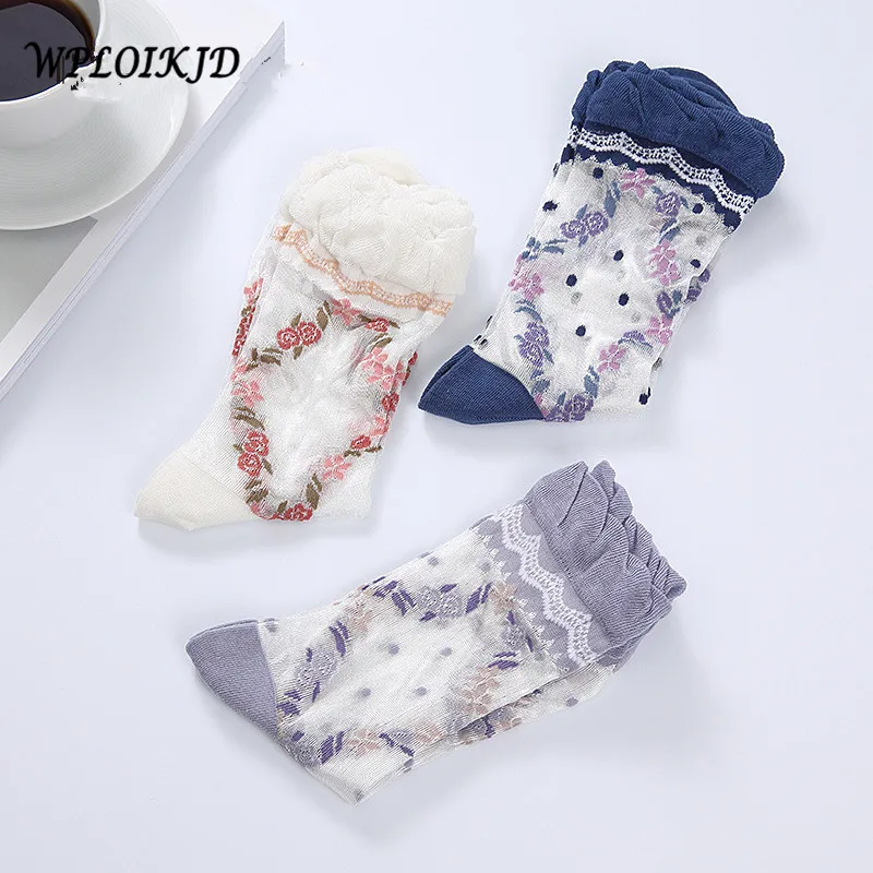 [Wploikjd] Япония в стиле Харадзюку, с цветочным рисунком 3 пары детских хлопковых утепленных колготок на прозрачность жаккардовые шелк бутона носки Для женщин Meias, носочки для принцессы Сетчатое платье Calcetines Mujer