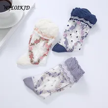 [Wploikjd] Япония в стиле Харадзюку, с цветочным рисунком 3 пары детских хлопковых утепленных колготок на прозрачность жаккардовые шелк бутона носки Для женщин Meias, носочки для принцессы Сетчатое платье Calcetines Mujer