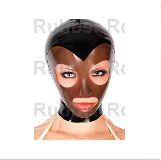 

Sexy Black Brwon Mixed Latex Hood Mask Fetish Open Eeys Mouth with Back Zipper