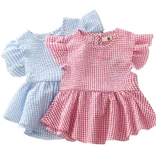 Children’s Clothing 2016 The New Summer Girls’ Cotton Plaid Dress Female Baby Loose Petal Sleeve O-neck Pleated Blouse Dress