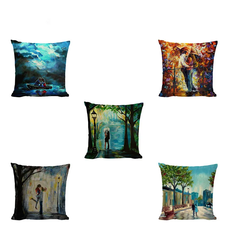 

Romantic Couple Pattern Cushion Cover Street Forest Iron Tower Lakeside Kissing Warm And Clasiccal Style Flax Home Decoration