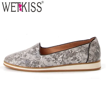 

WETKISS Printing Fashion Casual Women Flats Round Toe Genuine Leather Flat Sole Shoes Footwear Autumn Female Shoes Big Size 41