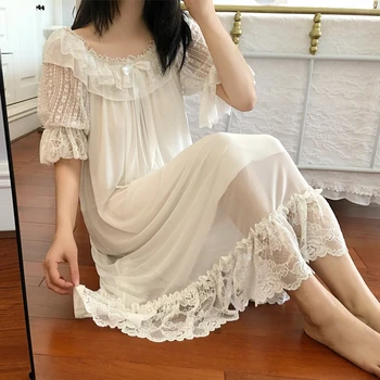 

RenYvtil Women Royal Nightdress Princess Palace Vintage Nightgown Lace Home Wear Summer Modal ice silk Female Sleepdress Bride