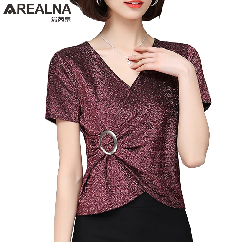 

Fashion Women Blouses 2019 Summer Shiny Lurex Sequin Women's Blouse Shirts Short Sleeve Slim Sexy Deep V-neck Shirt Woman Blusas