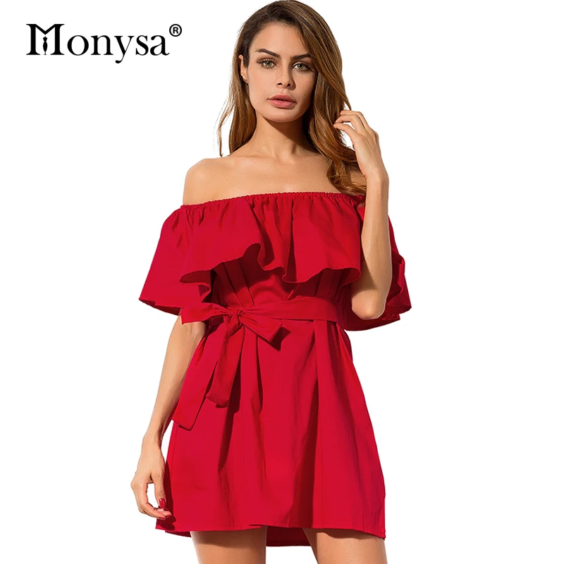 red ruffle dress off shoulder
