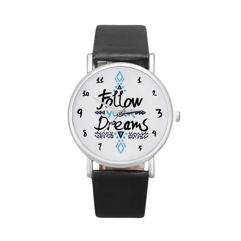 

Relojes Mujer 2016 Women Follow Dreams Words Pattern Leather Watch Ladies Fashion Quartz Analog Clock Wrist Watch