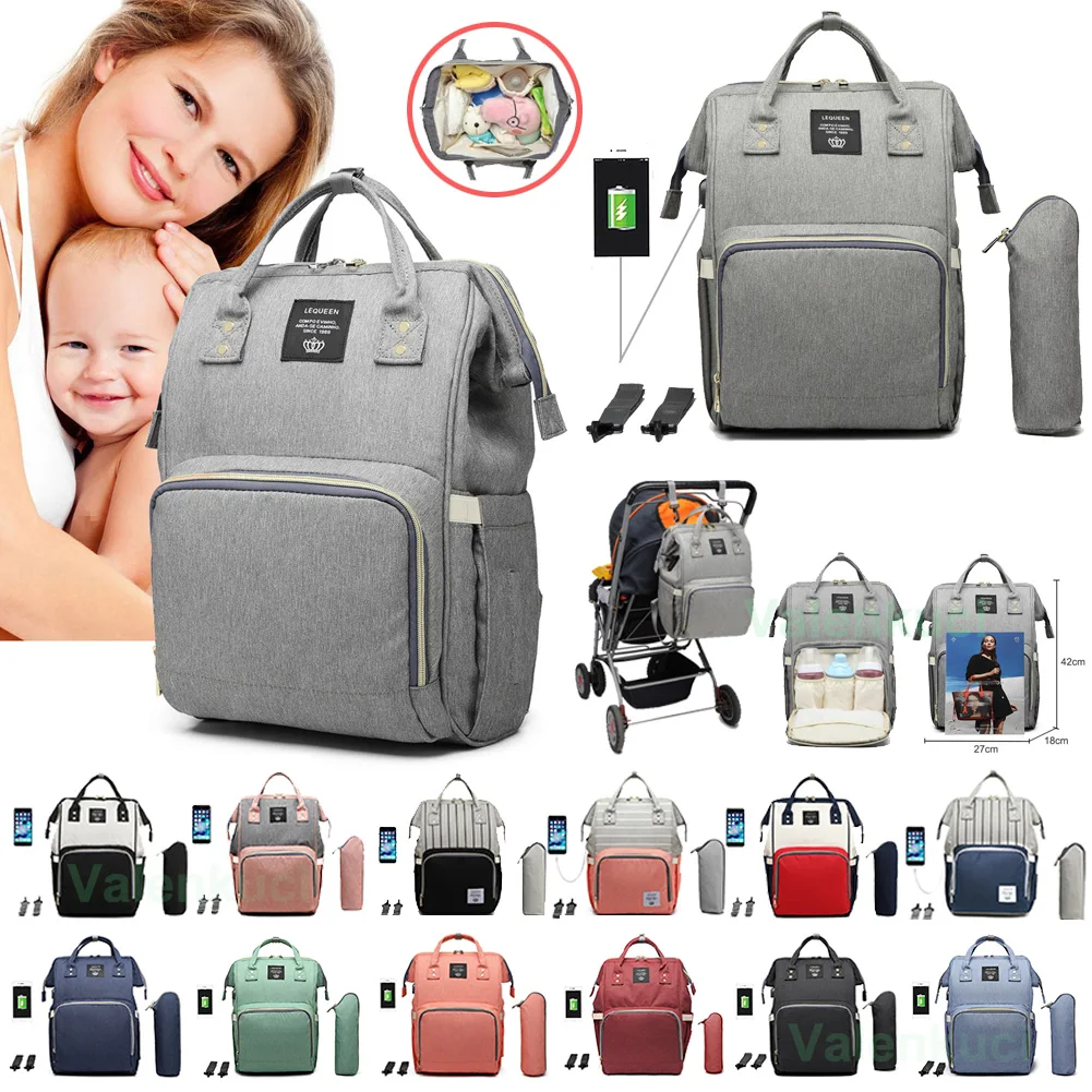 Goedkoop Lequeen Baby Luiertas met USB Interface Grote Waterdichte Luiertas Kits Mummie Moederschap Rugzak Verpleging Tas met Haak