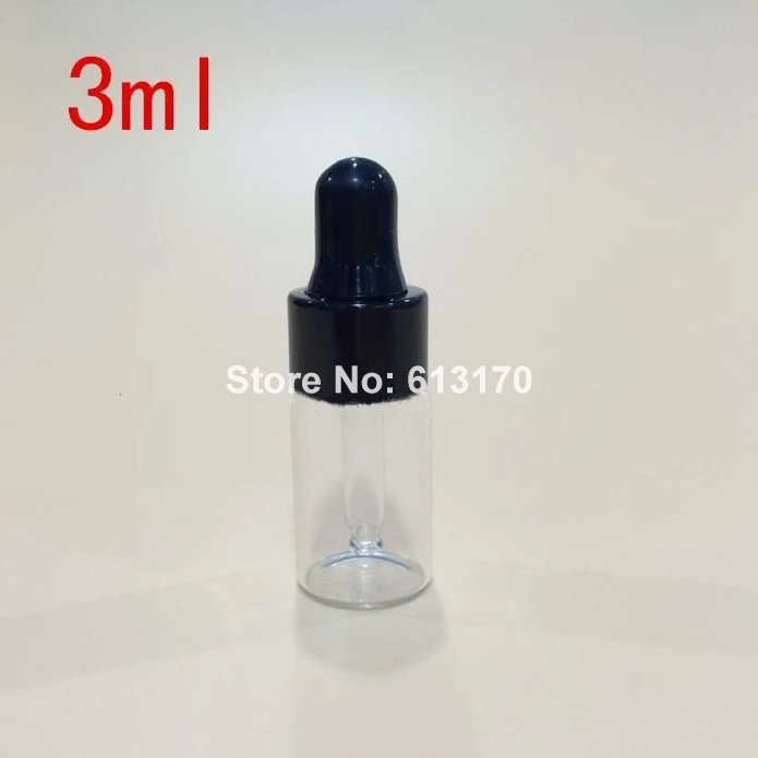 

100pc 3ML Clear glass Dropper Bottles Empty Essential Oil bottle Black Rubber refillable Cosmetic Packing container