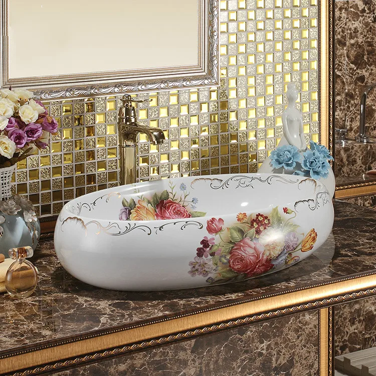 Rose White Porcelain Bathroom Vanity Bathroom Sink Bowl Countertop Oval