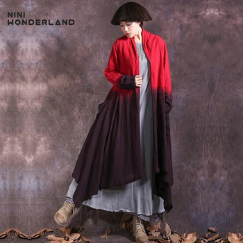 

NINI WONDERLAND 2019 Autumn Trench Coat Women Casual Gradient Color Linen Cotton Long Cardigan Spring Lady Asymmetric Outerwear