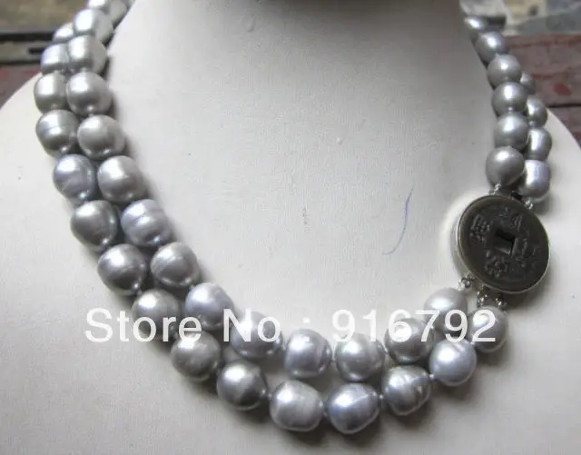 

free shipping >>>>>2 Row 10-12mm Light grey TAHITIAN NATURAL PEARL NECKLACE 17-18