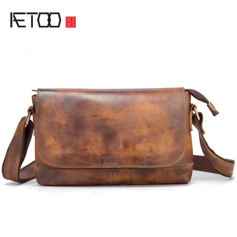 

AETOO New retro men's bag vegetable tanned leather shoulder bag leather casual handmade rub color new leather bag