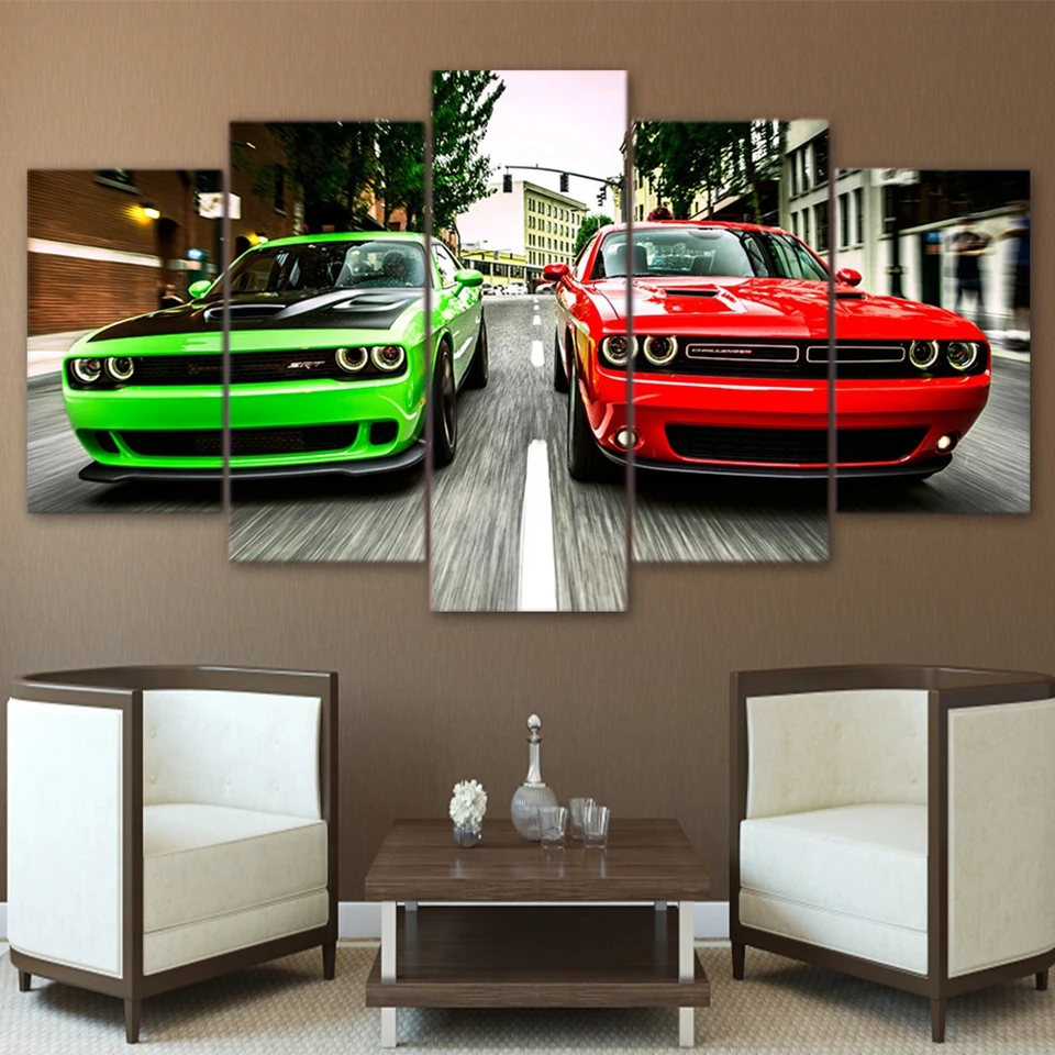Modern-HD-Printed-Painting-Canvas-Home-Decor-5-Pieces-Challenger-Green-Red-Cars-Landscape-Poster-Frame