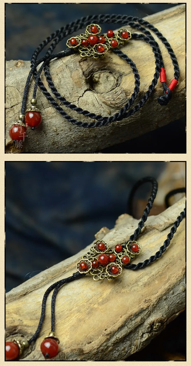 Свитер длинное этнических ожерелье для женщин красный камень Бронзовый цветок падение кулон веревку цепи Мода Vintage Femme ювелирные изделия