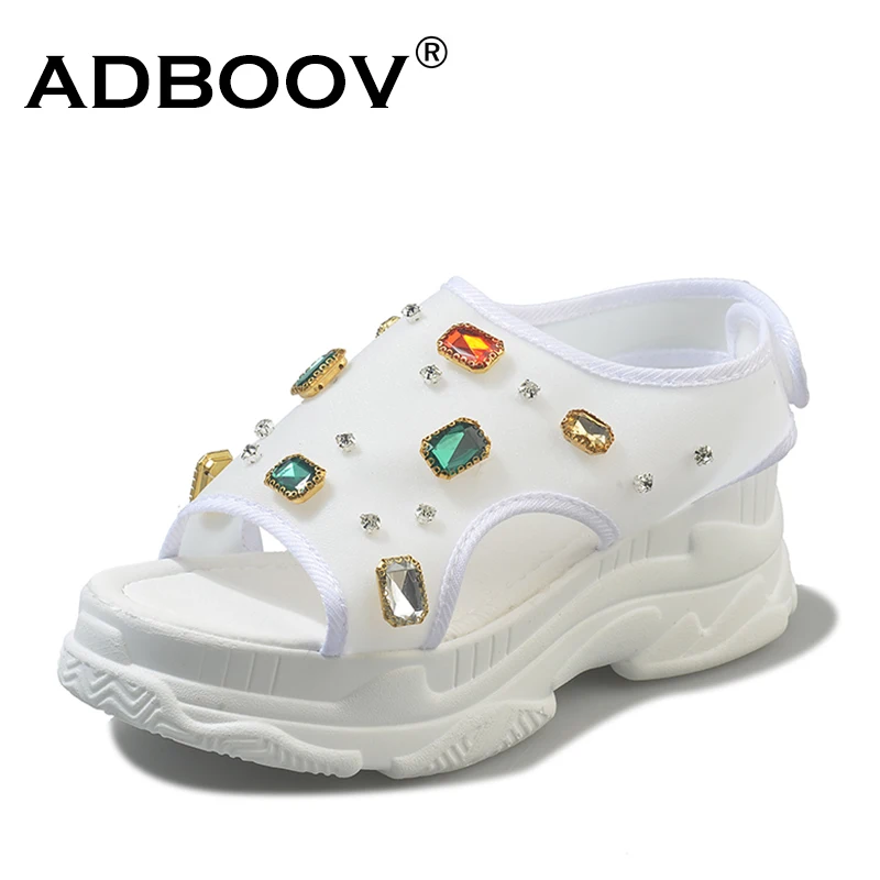 ADBOOV New Gemstone Chunky Sandals Women sandales femme 2019 Crystal Platform Flat Sandals Ladies White Yellow Pink Summer Shoes