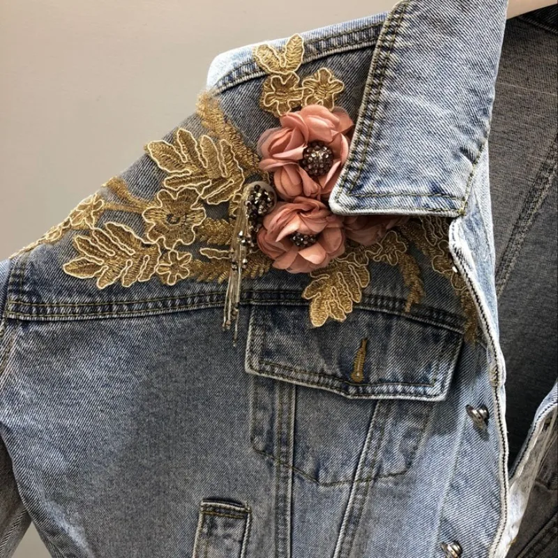 Аппликации цветы Бисер цепи джинсовая куртка Для женщин Harajuku рукав "летучая мышь" Однобортный отложным воротником Джинсовая куртка женская