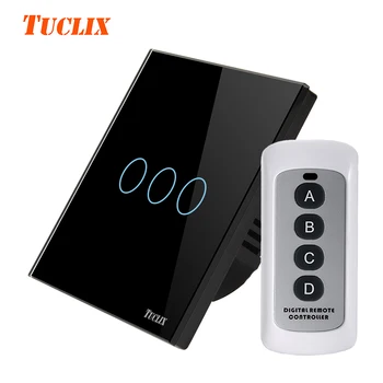 

TUCLIX EU/UK 3 gangs 1 way remote control touch switch remote wall lamp switch crystal lace of toughened glass black