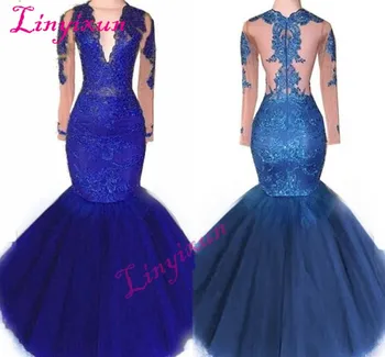 

2018 Royal Blue Black Lace Mermaid Prom Dresses V Neck Long Sleeve Sweep Train Bodice Illusion Appliques Formal Evening Pageant