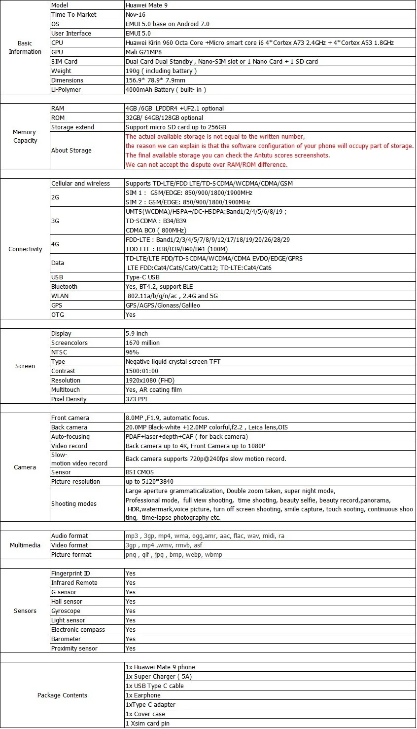 best huawei cell phone International Firmware HuaWei Mate 9 4G LTE Cell Phone Kirin 960 Android 7.0 5.9" FHD 1920X1080 6GB RAM 128GB ROM 20.0MP NFC latest cellphone of huawei