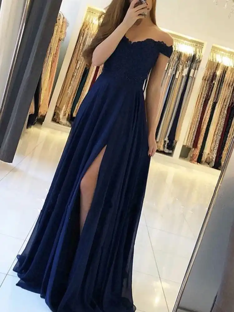 blue off the shoulder homecoming dress