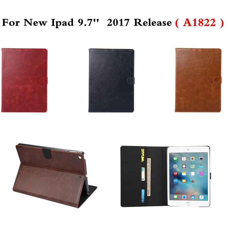 

Crazy Horse PU Leather Stand Case Smart Wake-up Sleep Quality Flip Cover Funda Coque For New iPad 9.7 inch 2017 Release A1822