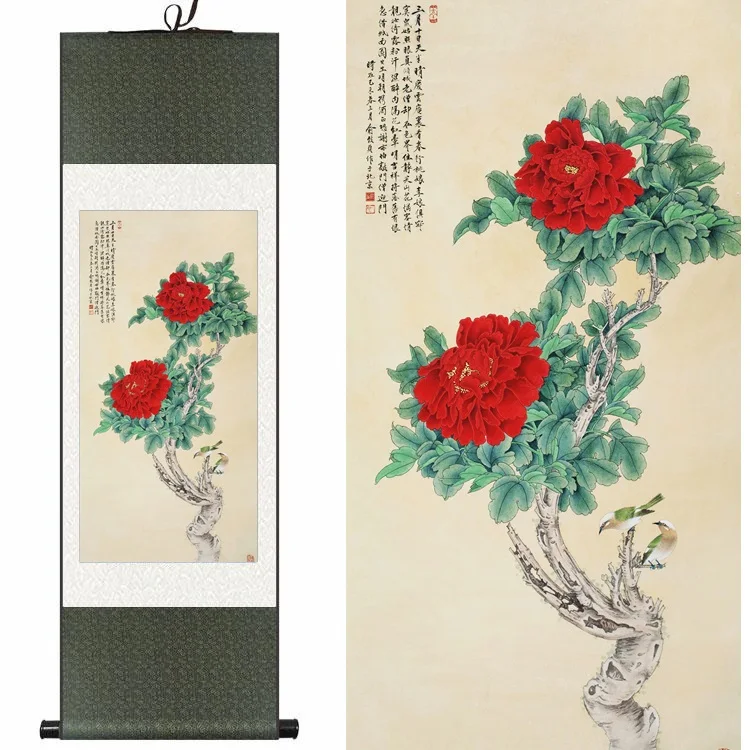 

Chinese Silk watercolor flower and birds Rich Red Peony Two Birds ink art canvas wall picture feng shui framed scroll painting