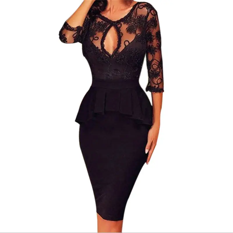 sexy 2018 summer dresses of half sleeve and knee-length with lace dress elegant party black solid female dropshipping 40AT204