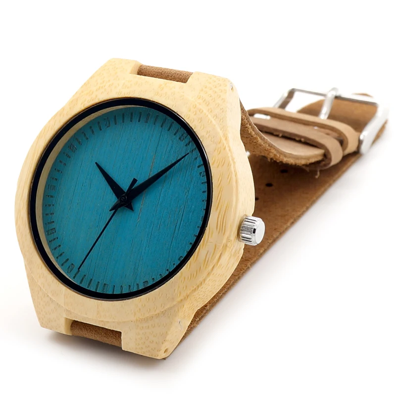 BOBO BIRD Blue or Yellow Dial Japanese miyota 2035 movement wristwatches genuine leather bamboo wooden watches