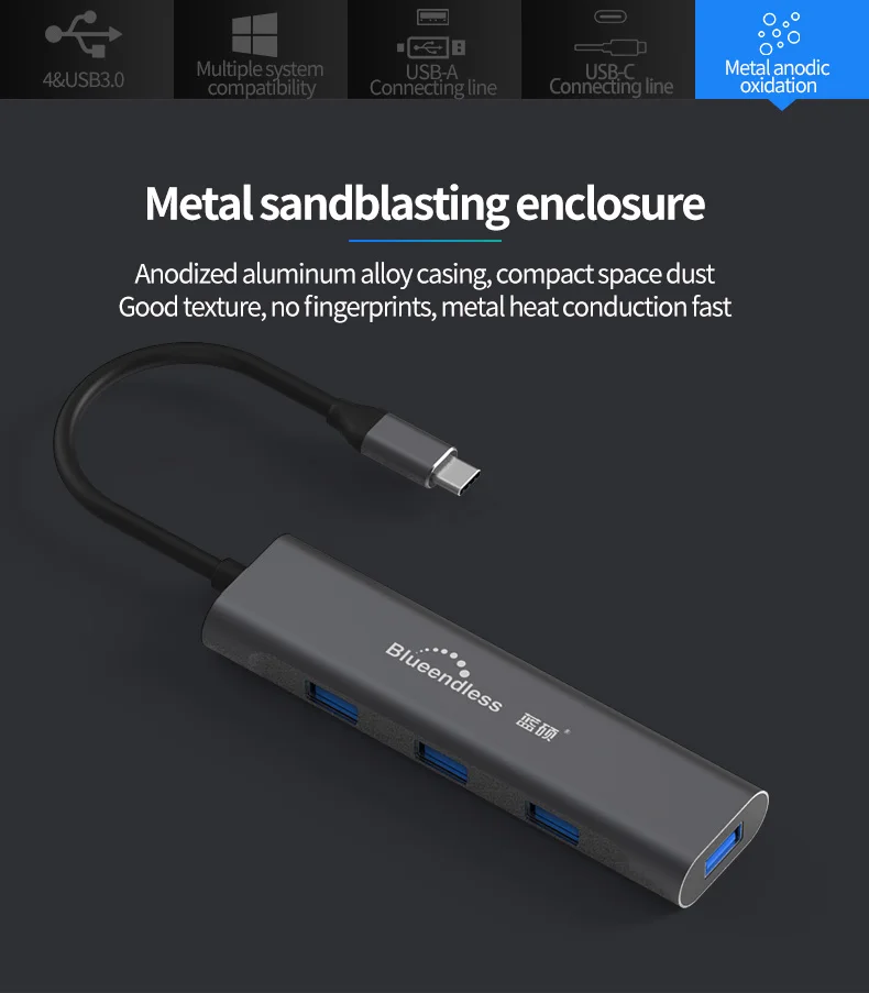 Blueendless usb c концентратор USB3.1 type c до 4 портов USB3.0 высокоскоростной usb поддержка 5 Гбит/с для MacBook pro type c концентратор