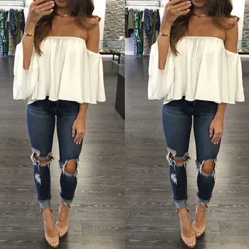 

2017 Women Off Shoulder T-Shirt Sexy Full Flare Sleeve Solid Tshirt Loose Crop Tops Casual Tee Beach Clothing